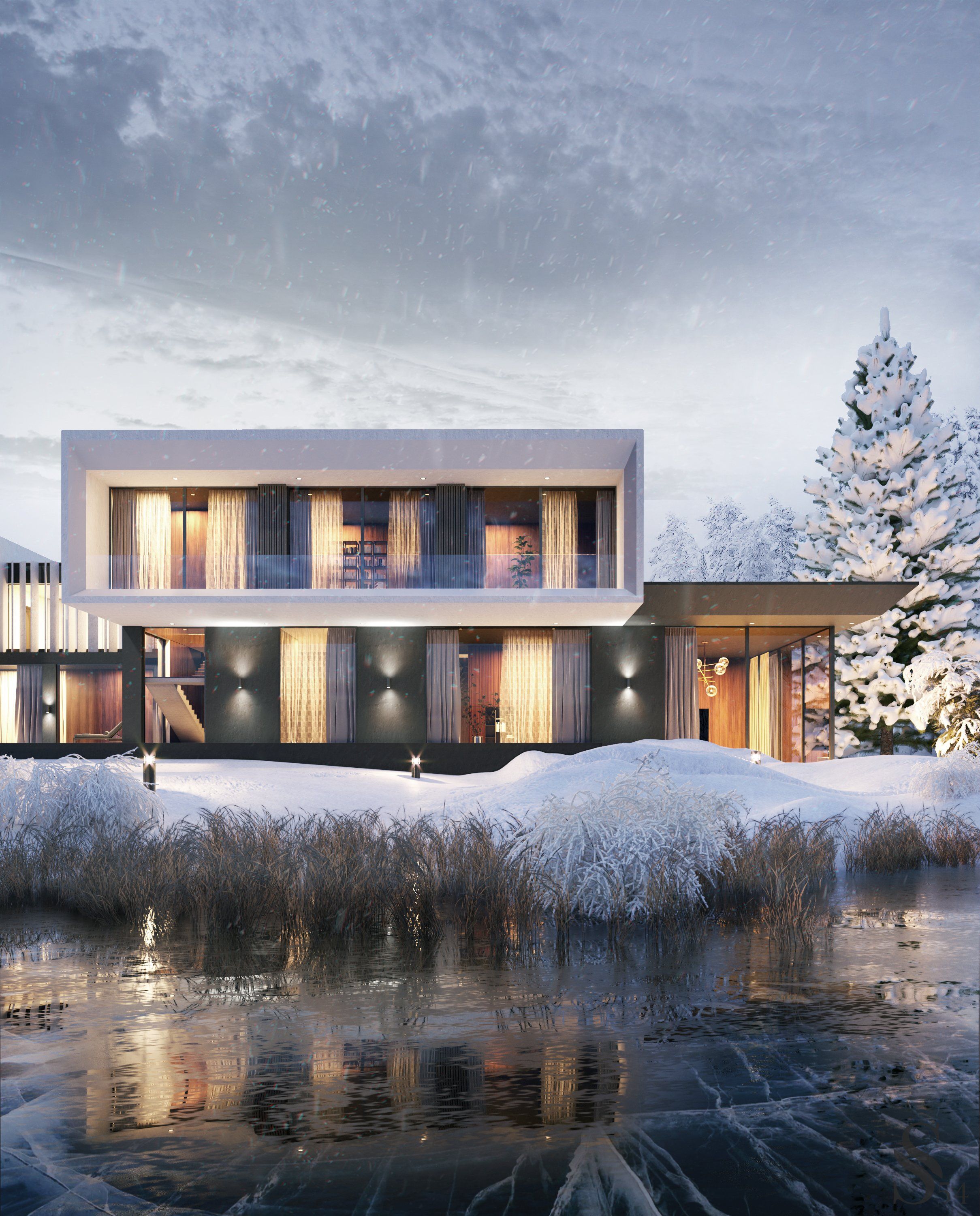 The cantilevered protrusion of the second floor gives the facade a special dynamic