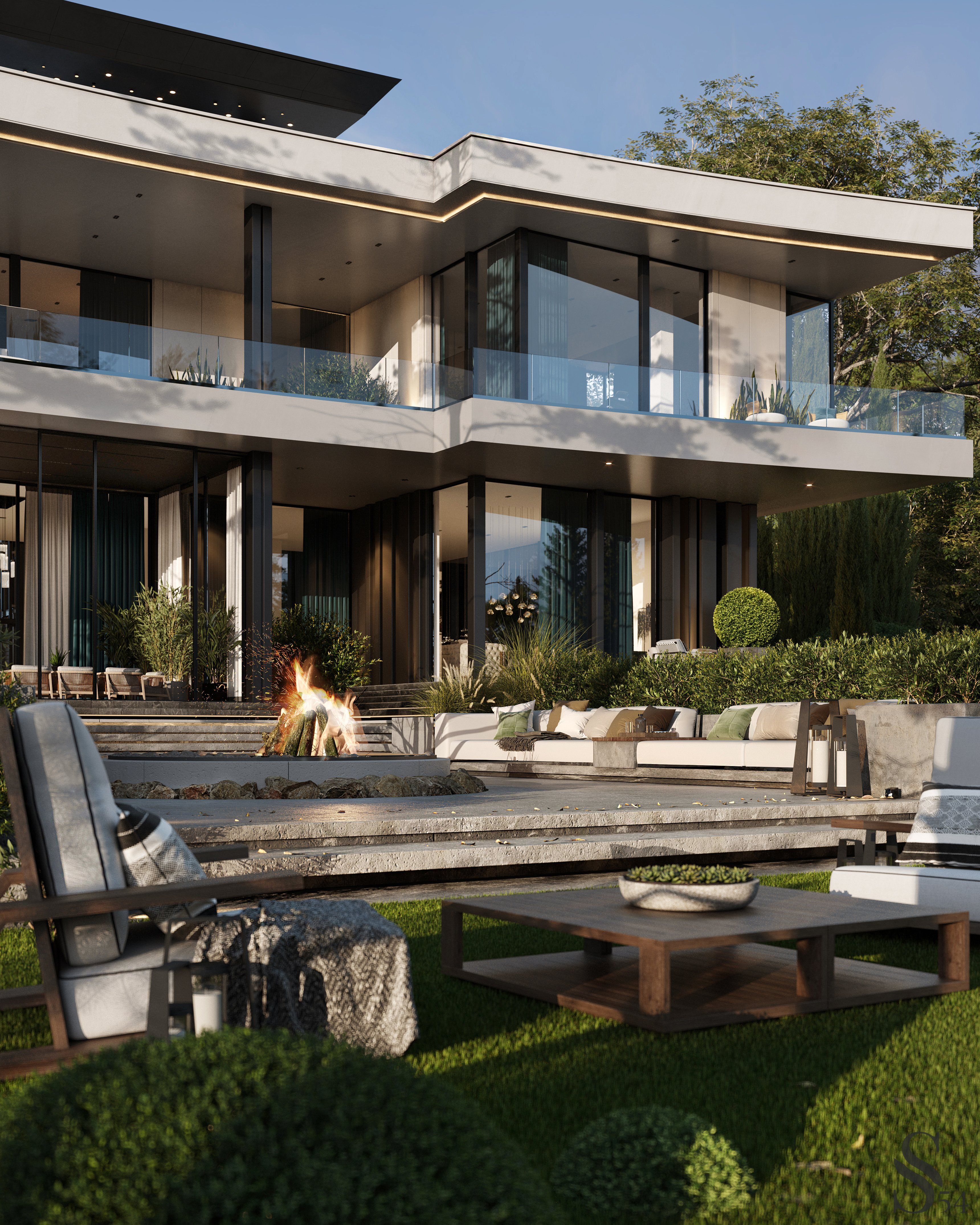 The soft seating area with a fireplace on the terrace is a delightful space to spend time, enjoying the view of the pine groves. The soft seating area with a fireplace on the terrace is a delightful space to spend time, enjoying the view of the pine groves.