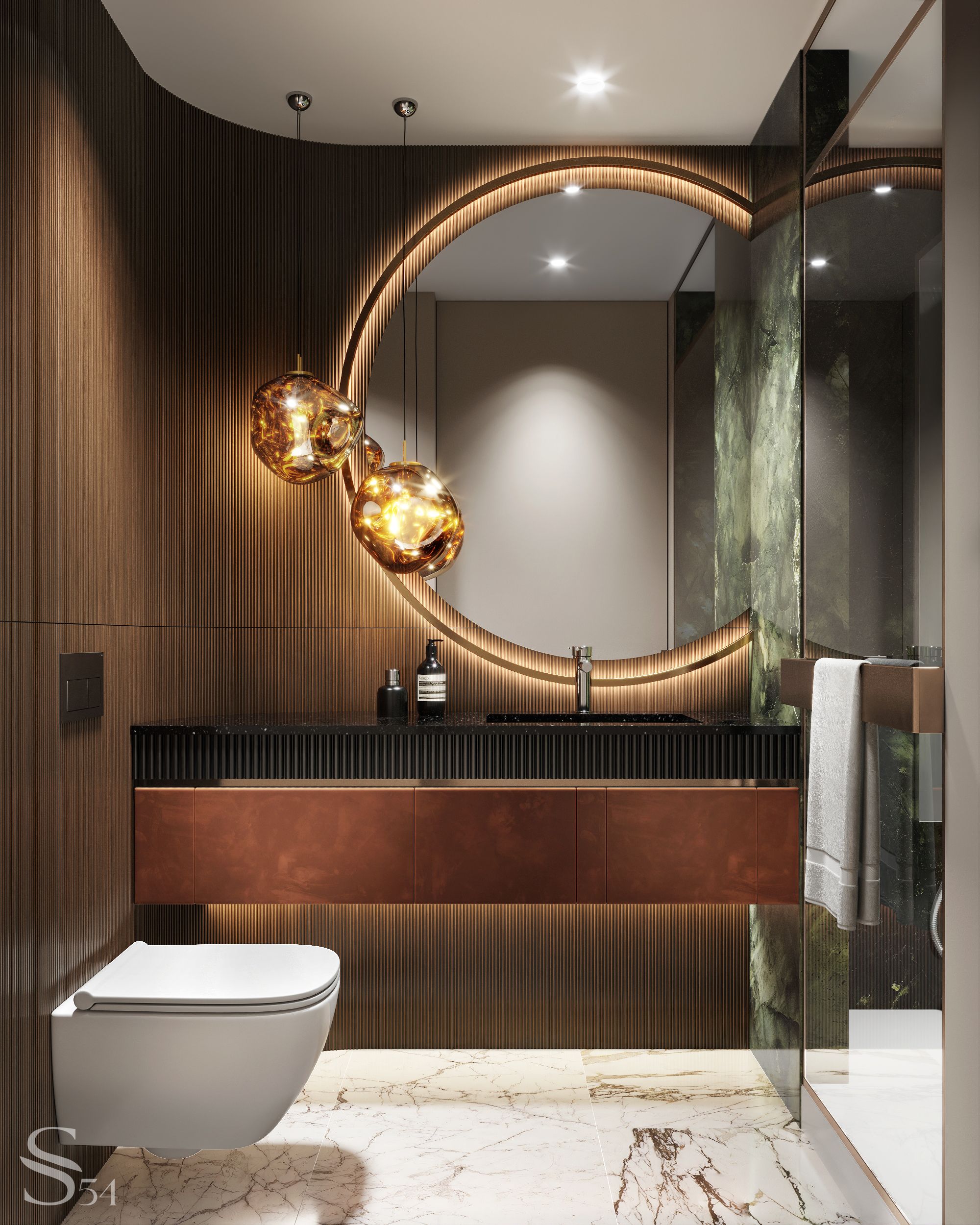 Two guest bathroom interiors - with terracotta and blue fixtures Two guest bathroom interiors - with terracotta and blue fixtures