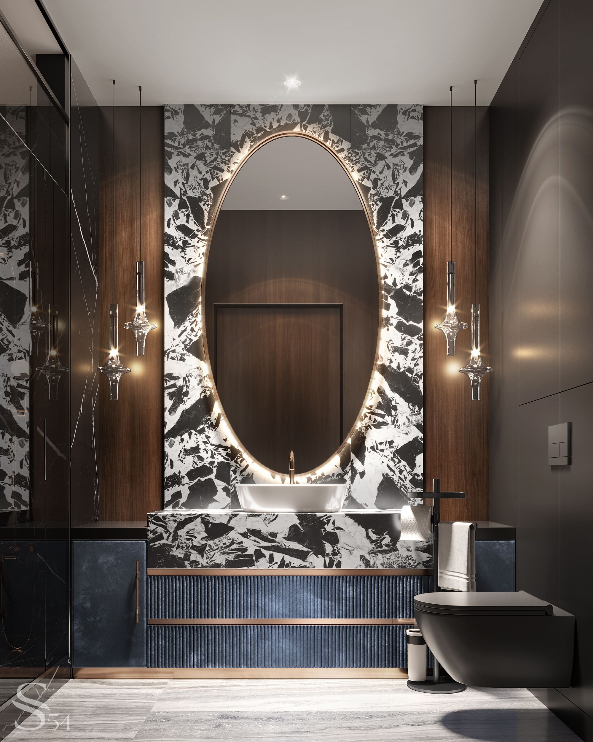 Two guest bathroom interiors - with terracotta and blue fixtures Two guest bathroom interiors - with terracotta and blue fixtures