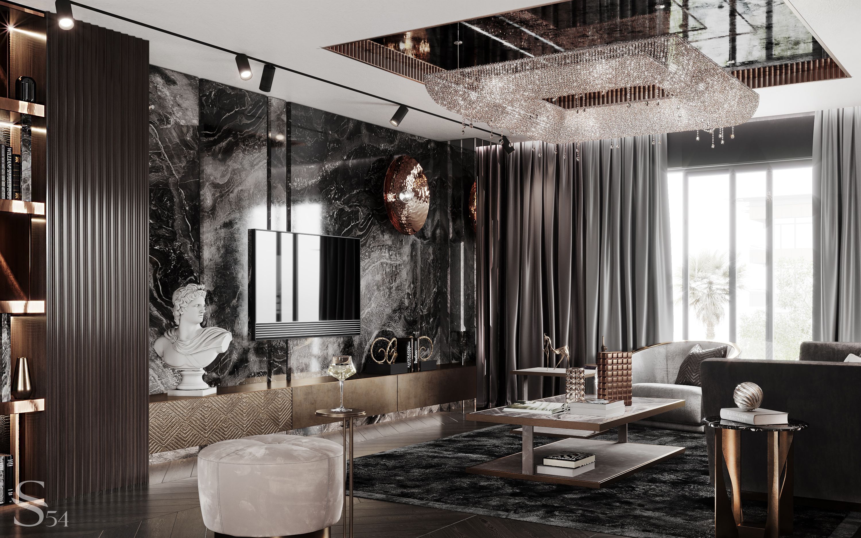 The unique Arabescato Orobiko Nero marble adorns the living room The unique Arabescato Orobiko Nero marble adorns the living room