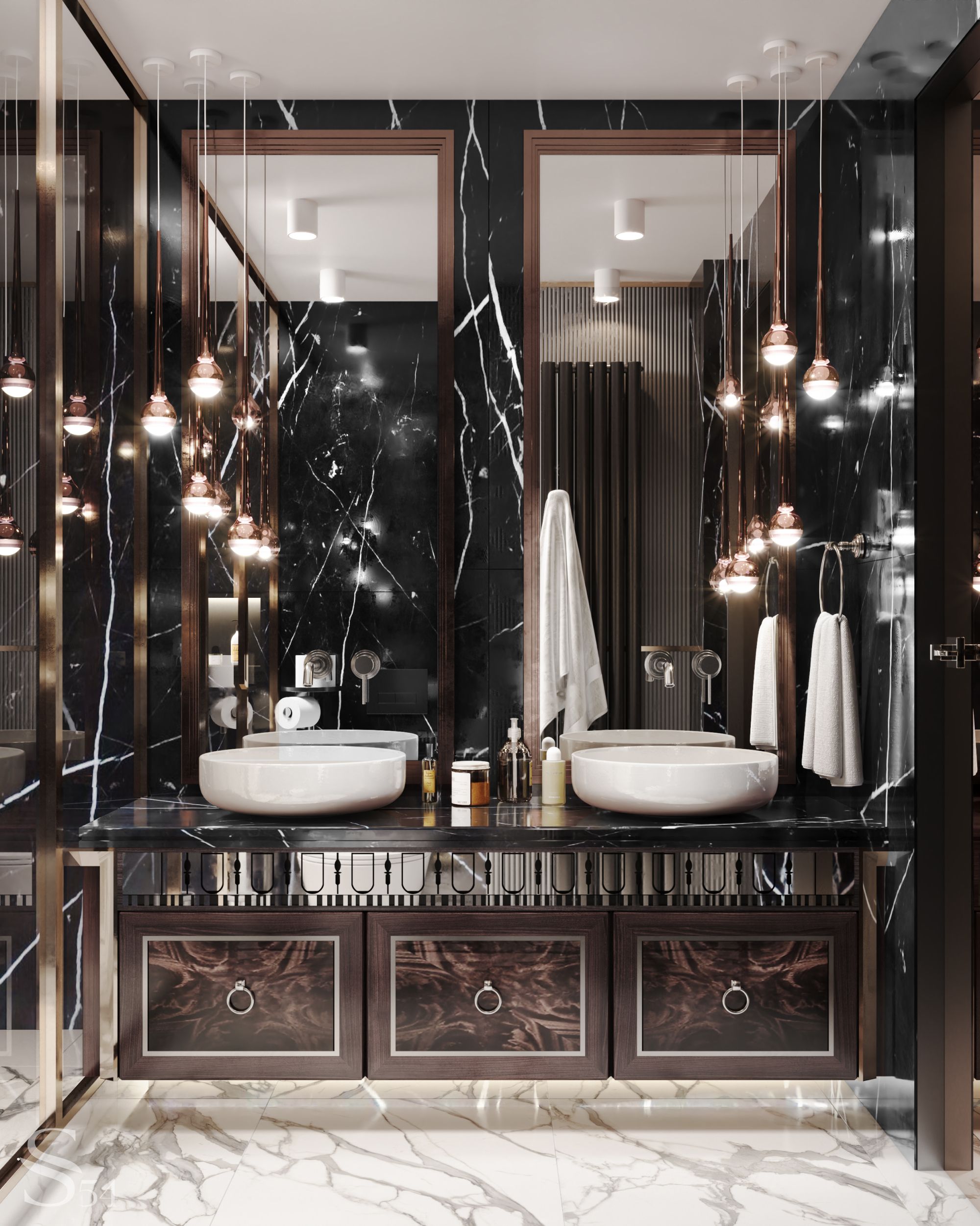 An unusual marble pattern adorns the master bathroom An unusual marble pattern adorns the master bathroom