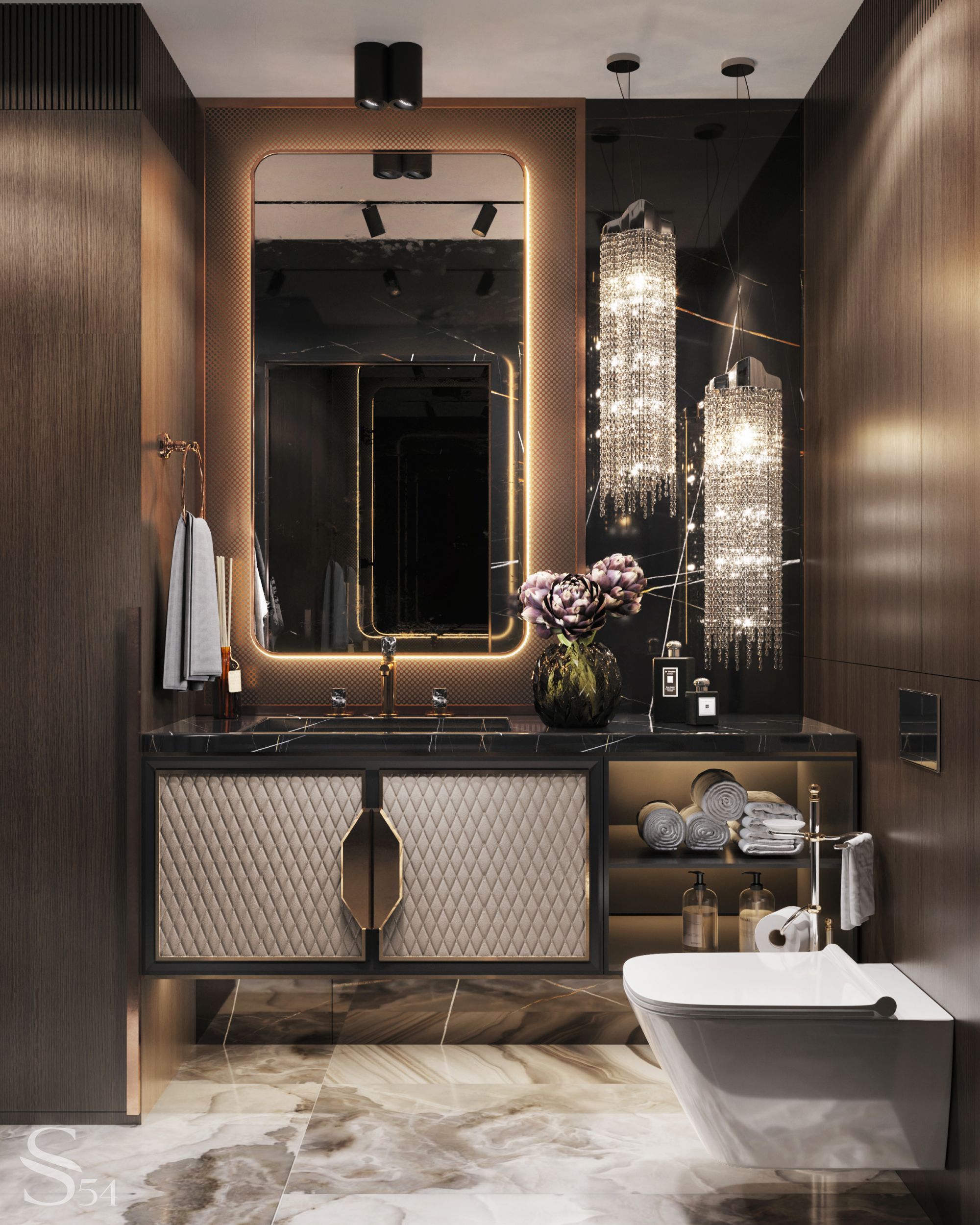 Sparkling chandeliers by Brand van Egmond illuminate the guest restroom Sparkling chandeliers by Brand van Egmond illuminate the guest restroom