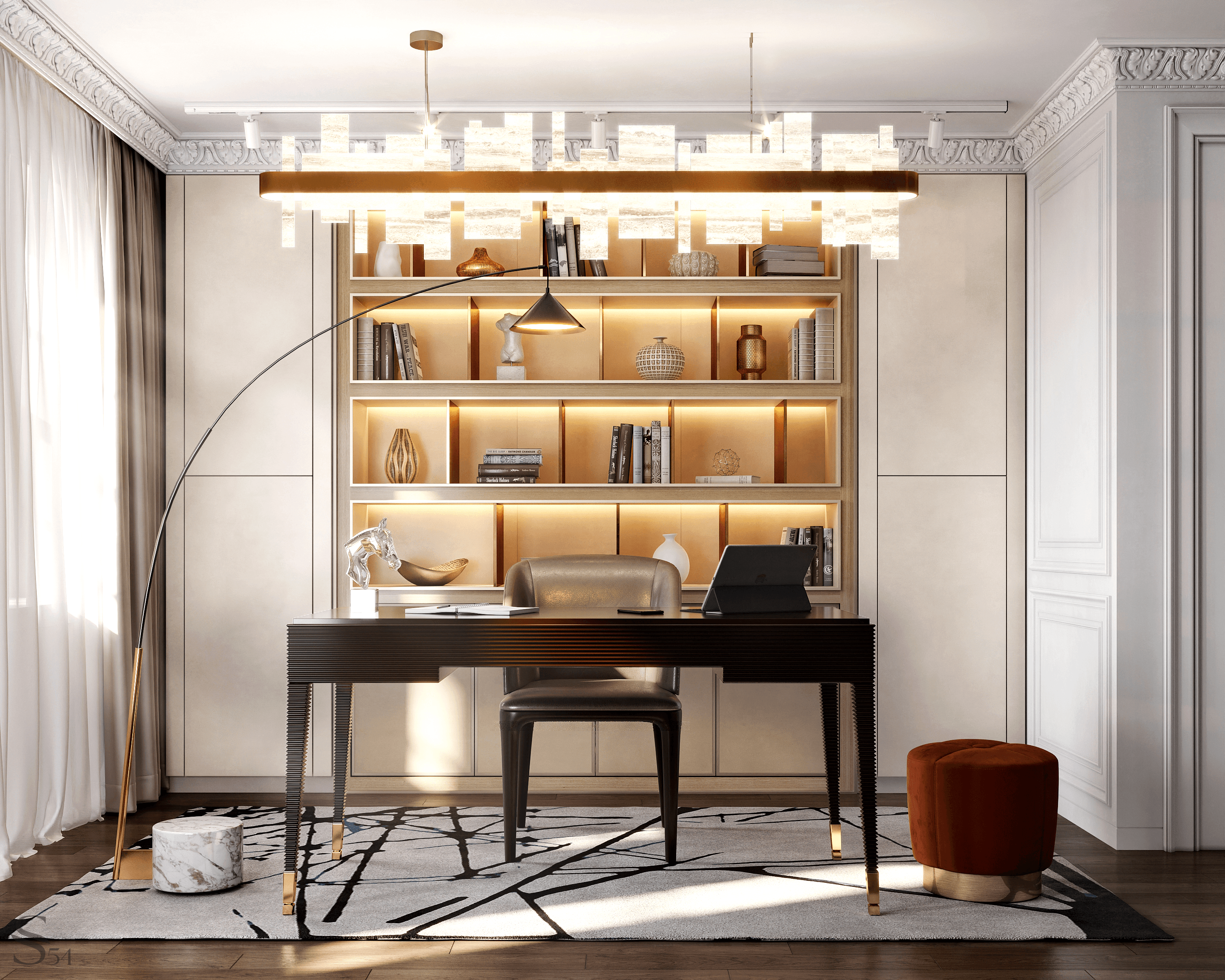 The laconic color scheme of the cabinet interior dilutes this accent pouf The laconic color scheme of the cabinet interior dilutes this accent pouf