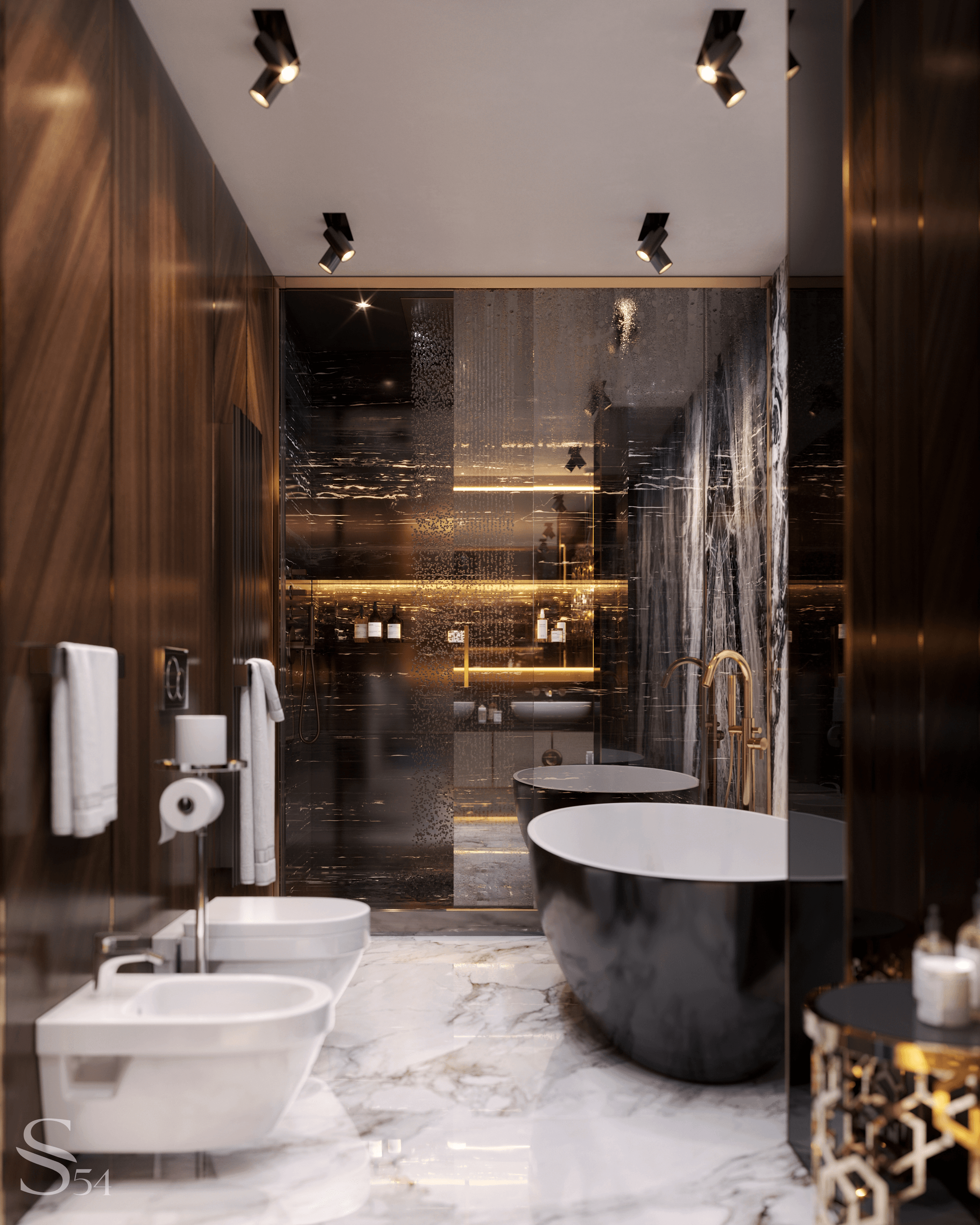 The contrasting combination of white and black marble is highlighted by brass elements The contrasting combination of white and black marble is highlighted by brass elements