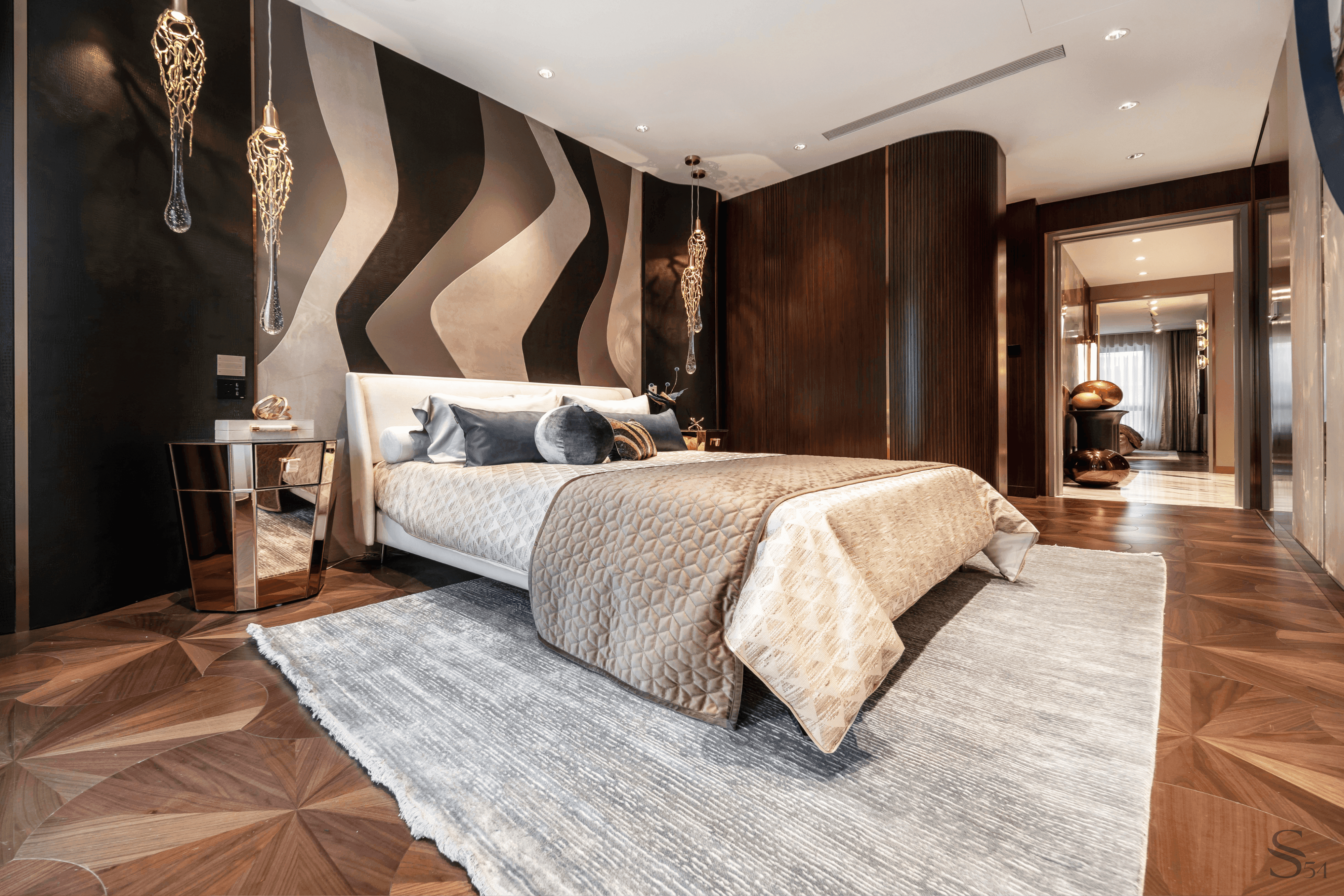 First guest bedroom. The headboard is made of three premium materials – natural leather, crocodile leather and suede First guest bedroom. The headboard is made of three premium materials – natural leather, crocodile leather and suede