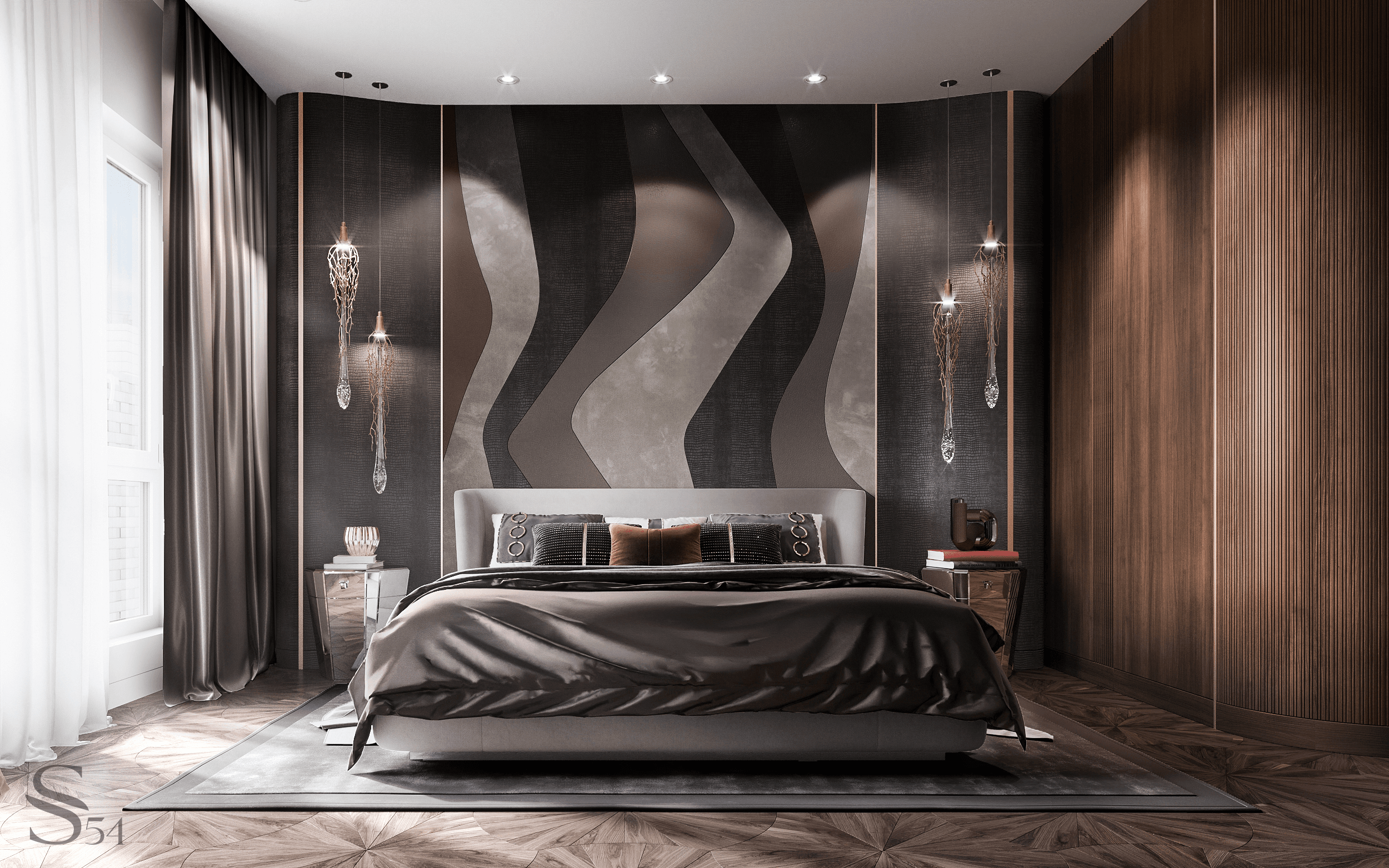 First guest bedroom. The headboard is made of three premium materials – natural leather, crocodile leather and suede