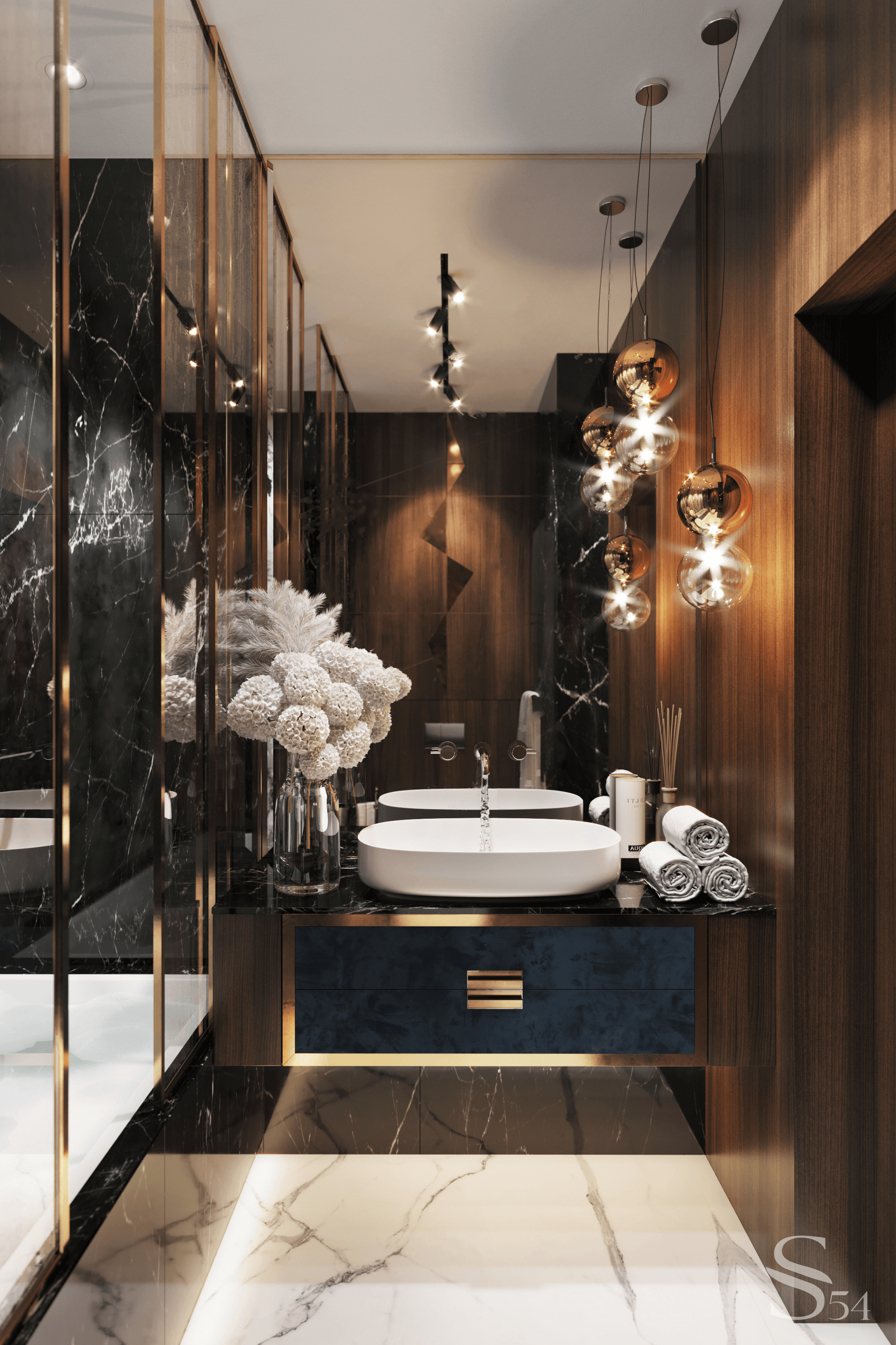 Guest bathroom repeats the overall style of the apartment Guest bathroom repeats the overall style of the apartment